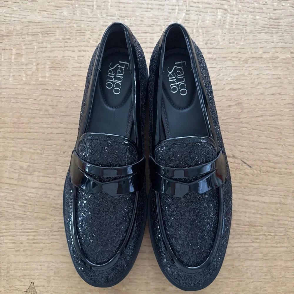 New FRANCO SARTO Bazel Lug Sole Penny Loafer In Black Glitter Size 9